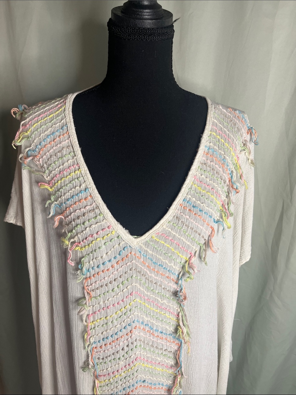 Z&L Europe Light Cream V-Neck Cover Up Tunic with Pastel Stitching and fringe
